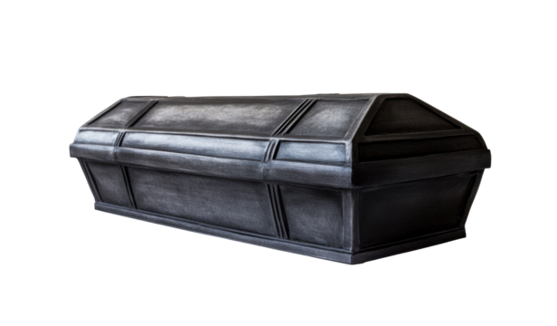 Elegant black casket resting on a smooth surface in a somber setting isolated on transparent background