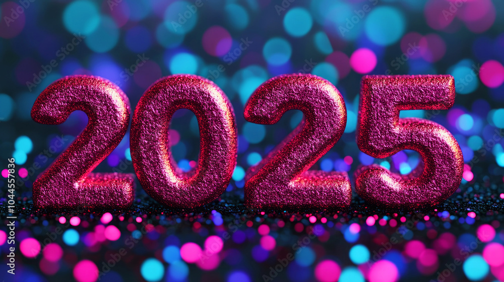 Poster sparkling 2025 numbers with colorful bokeh background