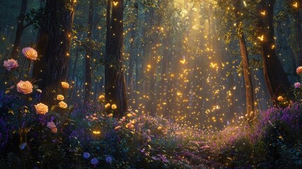 Enchanting Floral Firefly Forest   Vibrant Fantasy Landscape with Glowing Lights and Lush Foliage