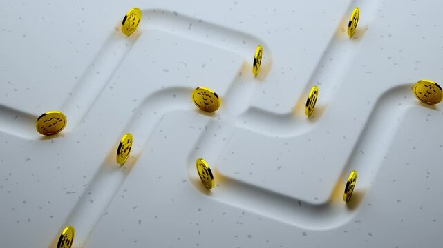 3d seamless 4k loop animation of bitcoin rolling, moving on the line of white surface.
