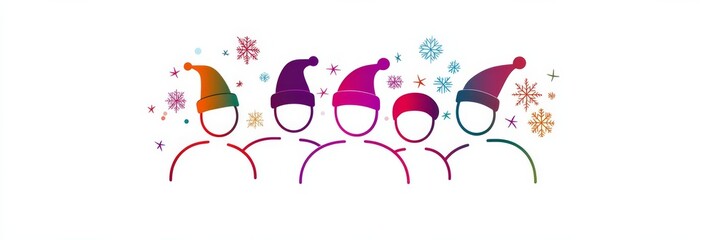 Fototapeta premium Winter Wonderland Team: Colorful avatars celebrate the holidays in festive knit hats, surrounded by snowflakes and fireworks. Perfect for winter greetings and team spirit. 