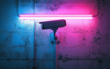 A surveillance camera installed on a wall illuminated by vibrant pink and blue neon lights, creating a striking contrast that emphasizes the themes of security and modern technology