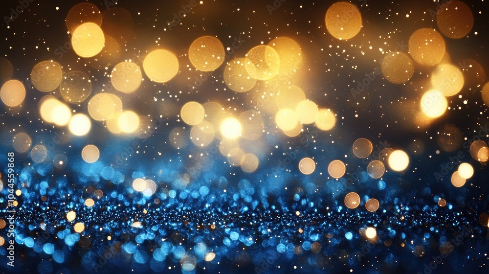 Poster a sparkling blue and gold background filled with shimmering lights, creating a festive and elegant a