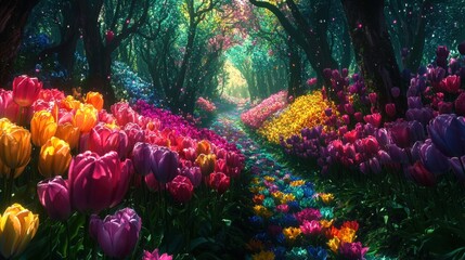 Fototapeta premium Enchanting Rainbow Tulip Forest Pathway Through Lush Floral Landscape
