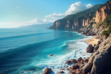 Azure Waves Gently Kiss the Rocky Shore