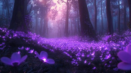 Enchanting Violet Glow in a Mystical Forest Landscape with Shimmering Lights and Lush Foliage