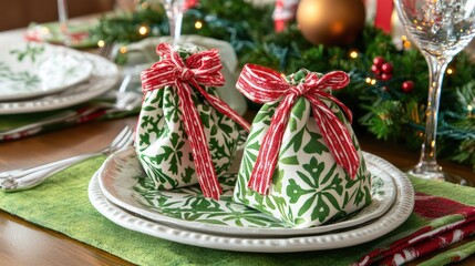 Festive Holiday Table Setting with Gift Wraps