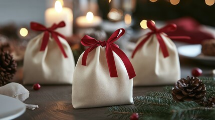 Elegant gift bags adorned with red ribbons on table