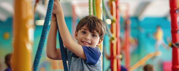Smiling child climbing in colorful indoor playground.