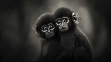 Obraz premium Two baby monkeys huddle together in a black and white photo, looking directly at the camera with large, sad eyes.