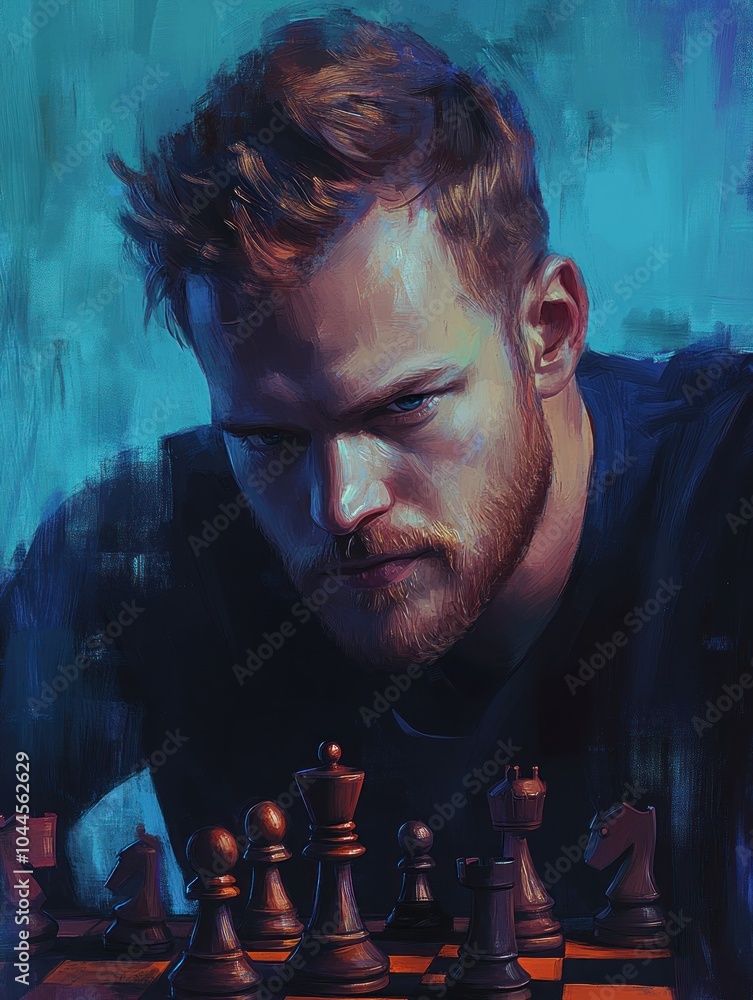 Poster a close-up portrait of a man with a beard, looking intensely at a chessboard in front of him.