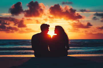 Silhouette of a young couple sitting on a beach at sunset, watching the sea and sharing a romantic moment together. Summer vacation. A young couple posing against the sea, sitting on the shore