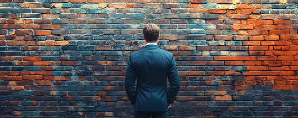 A businessman standing in front of a brick wall with Tariffs painted on it, tariff wall, trade war visual