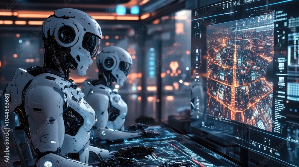 Poster a team of robots working in a high-tech office, monitoring the evolution of futuristic cities throug