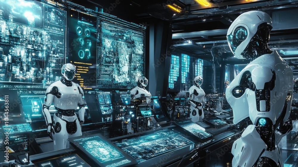 Poster a team of robots working in a high-tech office, monitoring the evolution of futuristic cities throug