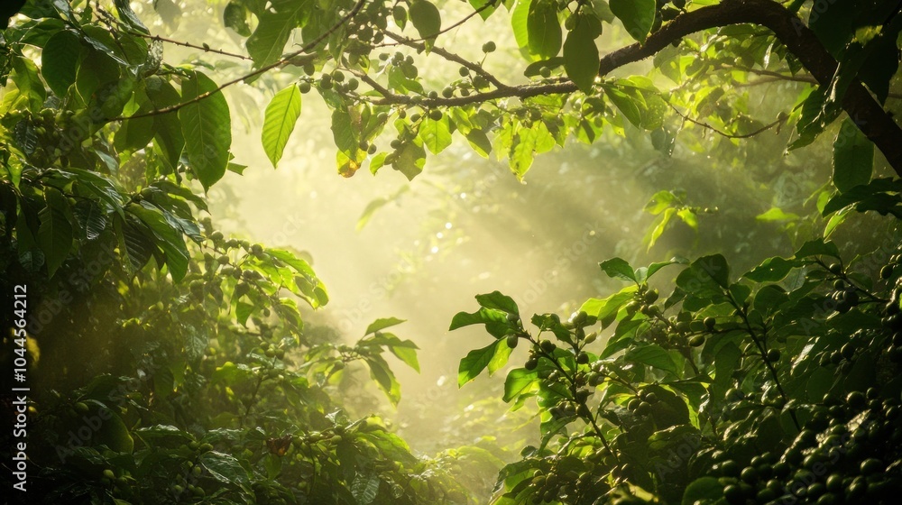 Poster sunlight filtering through a dense canopy of green leaves in a tropical forest, creating a soft, haz