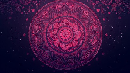 A mandala with concentric rings of geometric shapes and floral designs, arranged in a circular and symmetrical layout.