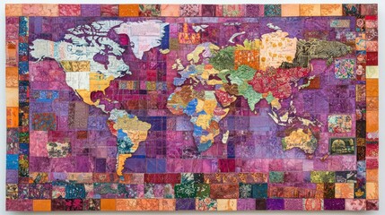 Fototapeta premium A colorful world map collage made from various patterned fabrics.