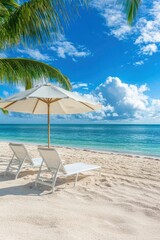 sea beach with two lounge chairs under an umbrella, palm tree, blue sea and sky on background