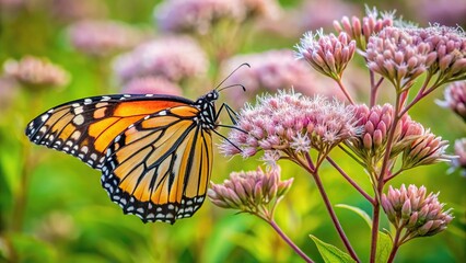 Obraz premium Monarch butterfly pollinates Joe Pye weed in a prairie restoration garden aerial view