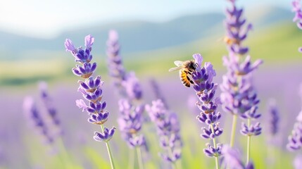 Obraz premium a lavender field with a small bee on a flower with blur bright background