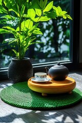 Calm indoor setting featuring a teapot, tea cup, and lush plant by a sunlit window, perfect for relaxation and mindfulness.