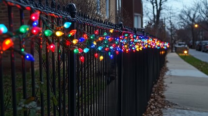 Colorful holiday lights on a fence at dusk