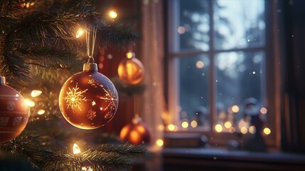 Christmas tree ornaments with soft lighting