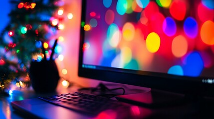 Colorful lights reflecting on a computer screen