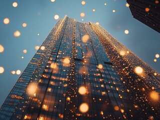 Tall skyscraper with shimmering lights.