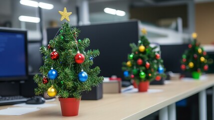 Festive mini Christmas trees on office desks