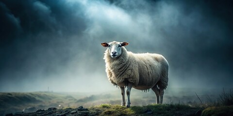 Fototapeta premium Moody and mysterious image of reflected sheep in foggy surroundings