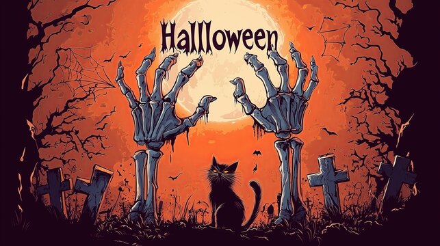 Illustration of two skelleton hands rising from the ground of grave yard , and a black cat has pointed fur , the background is full moon in  and orange sky.