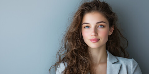 Fototapeta premium Elegant Portrait of a Young Woman with Long Hair Against a Soft Blue Background