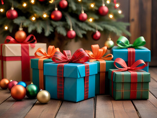A festive Christmas tree surrounded by beautifully wrapped gift boxes in vibrant colors, creating a joyful holiday atmosphere filled with surprises and celebrations Generative AI