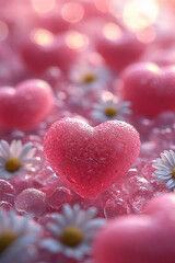A dewy pink heart-shaped candy surrounded by glistening orbs and white daisies, set on a dreamy, sparkling pink background full of soft lights