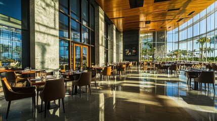 Modern restaurant interior with large windows, wooden ceiling, and tiled floor.