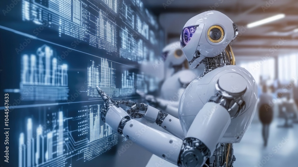 Poster advanced robots reviewing graphical data, analyzing futuristic city structures in a modern office se