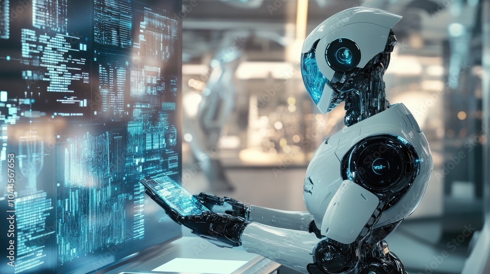 Poster advanced robots reviewing graphical data, analyzing futuristic city structures in a modern office se