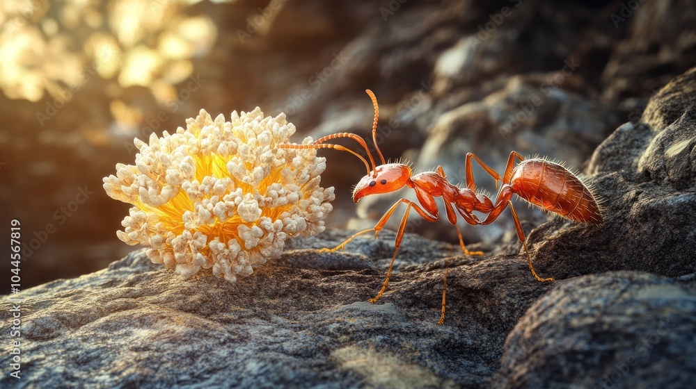 Poster a red ant pushes a large white orb-shaped object across a rough, rocky surface.
