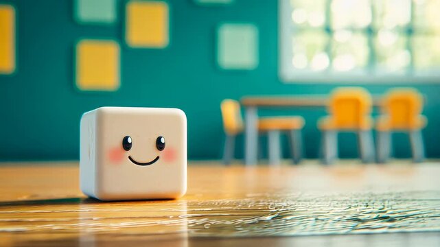 A cute smiling cube character in a colorful room