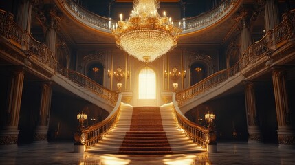 Obraz premium An ornate grand staircase adorned with a magnificent chandelier, set in an opulent architectural interior,