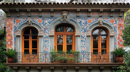Ornate building facade with colorful tiles and wooden windows.