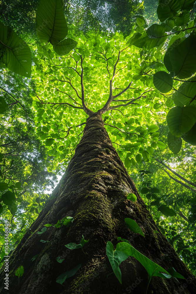 Poster an upward view of a towering tree with sprawling green leaves, bathed in sunlight, creating a canopy