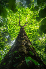 Fototapeta premium An upward view of a towering tree with sprawling green leaves, bathed in sunlight, creating a canopy effect. The lush greenery conveys a sense of awe