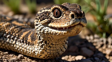 Snake,  A Close-Up of a Viper's Face, Revealing its Intricate Scales and Sharp Fangs