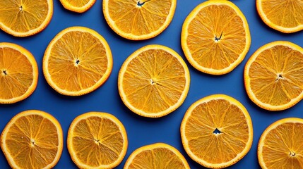 Fototapeta premium Bright orange slices are arranged in a playful pattern on a deep blue background, creating a fresh and modern look