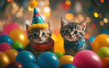 Fototapeta premium Two small cats in playful party attire, one sporting a vibrant party hat and the other adorned with a colorful scarf, surrounded by an array of cheerful balloons