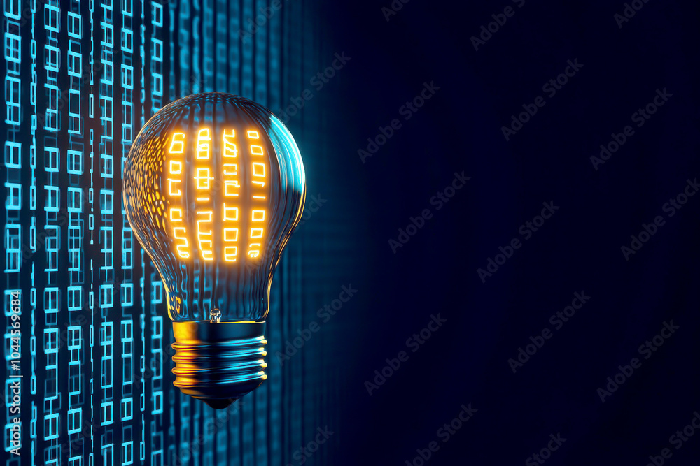 Poster a glowing light bulb against a digital binary background, symbolizing innovation and technology in a