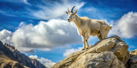 Obraz premium Mountain goat perched on rocks from a low angle view